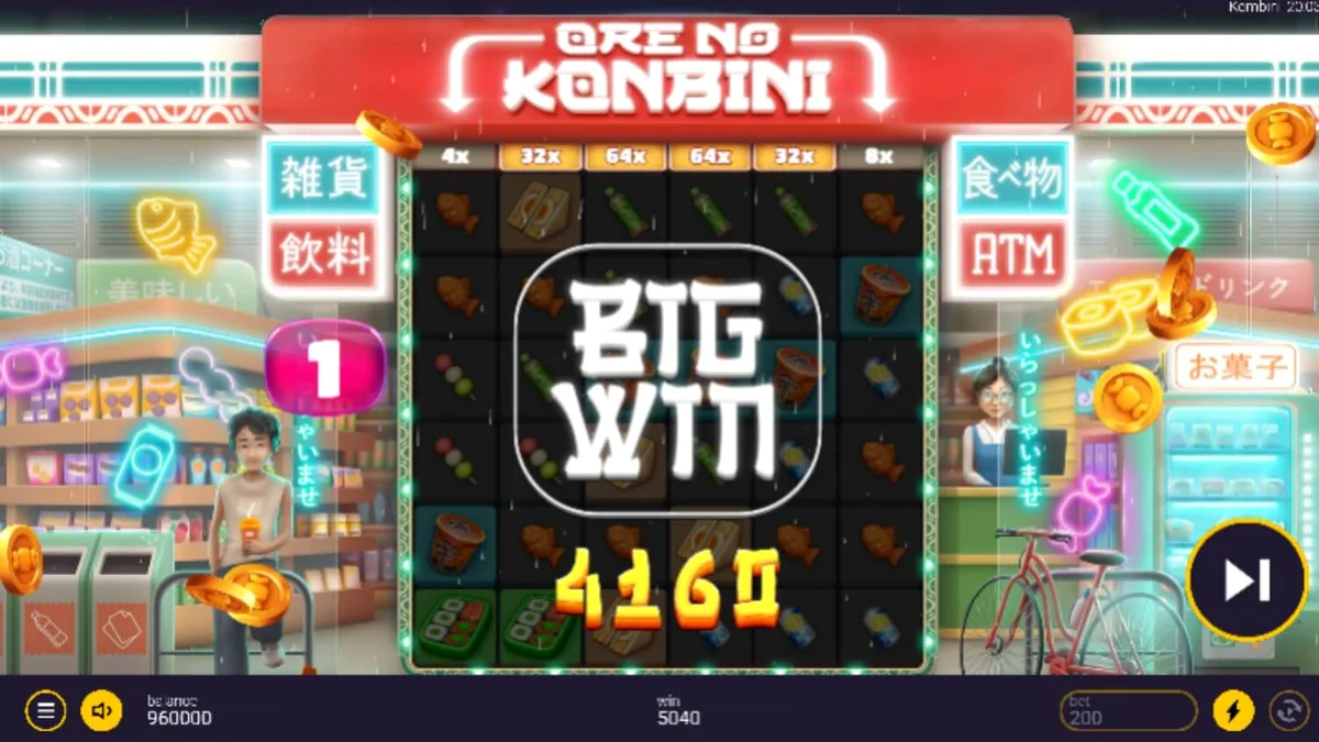 Tampilan visual slot Ore No Konbini dengan latar belakang toko serba ada Jepang yang diterangi lampu neon.